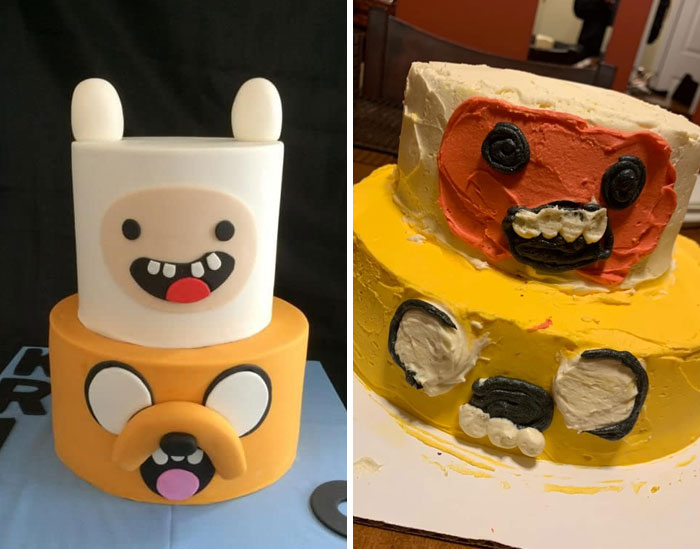 Mi mamá y la torta que hizo para el cumpleaños 21 de mi hermana… se supone que tenía que parecerse a la foto de la izquierda.