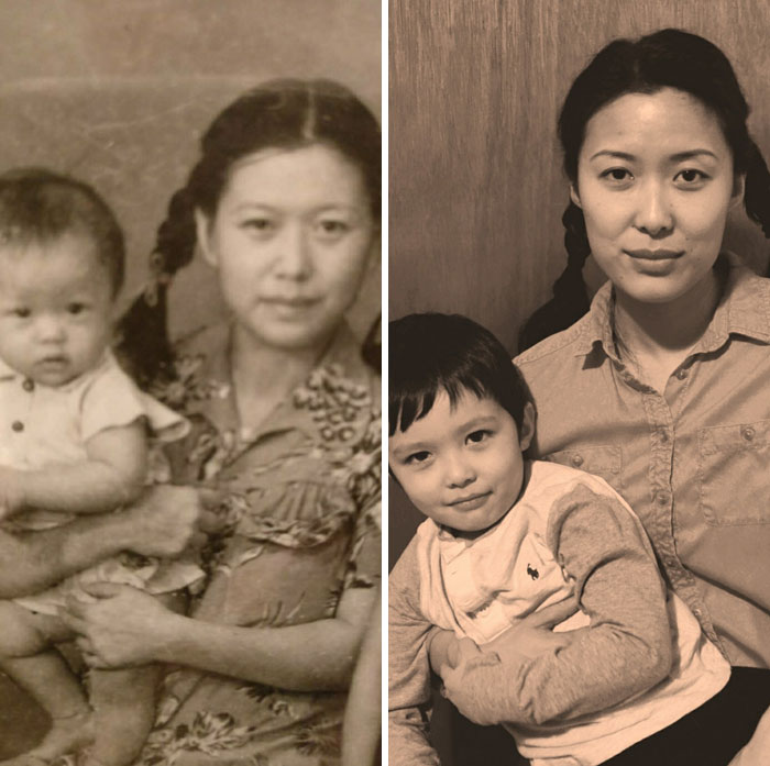 A la izquierda, mi abuela sosteniendo a mi padre y a la derecha, yo sosteniendo a mi hijo, tomadas con exactamente 63 años de diferencia