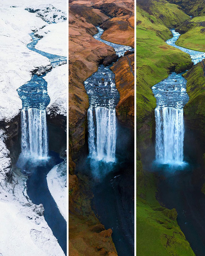 La misma cascada, 3 estaciones. Skógafoss, Islandia