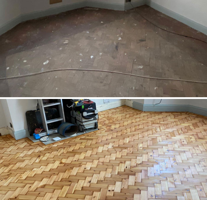 1930’s Parquet Flooring Restored Today. Before And After Comparison