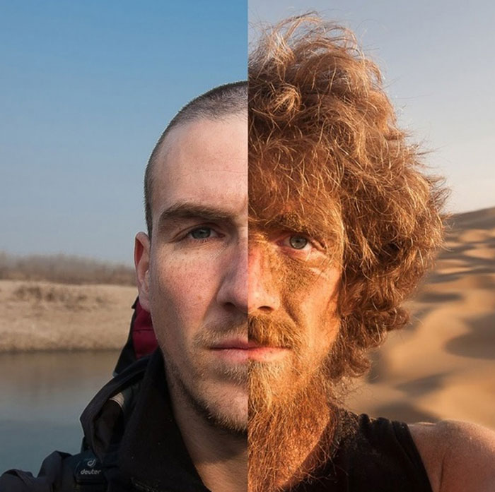 Antes y después de un hombre que caminó a través de China durante un año