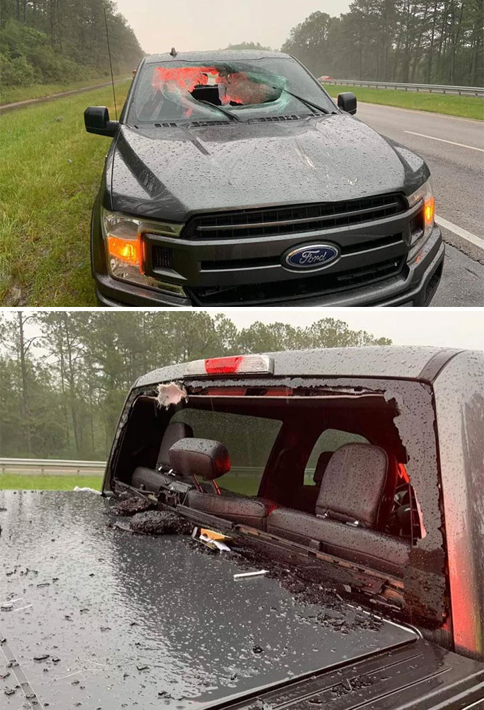 Lightning Strikes The Road On I-10 In Florida Causing A Chunk Of Asphalt To Go Through The Windshield Of A Truck