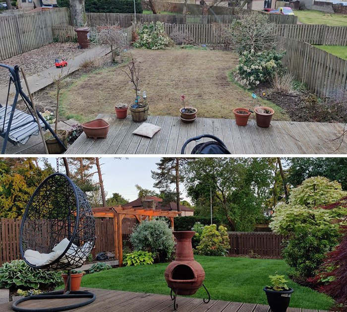 Nuevo hogar con un jardín descuidado vs 3 meses después con mucho trabajo