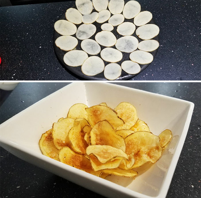 Microwave Crisps! Cut The Potatoes As Thin As Possible, Spray A Plate With Oil, Arrange The Potato Slices And Sprinkle With Sea Salt. Microwave For 3-4 Min Then Flip And Microwave For Another 2-3min