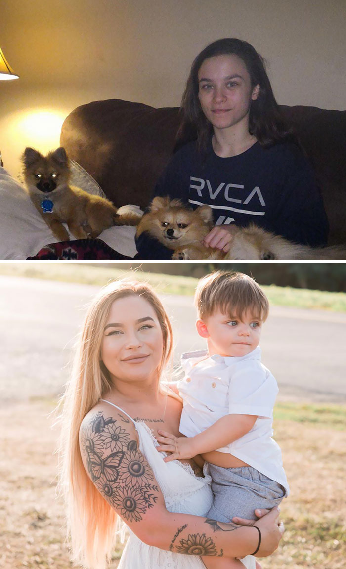 I’m Four Years Free From Heroin Addiction Today! Top Picture Was During Active Addiction, Bottom Pic Is Me Now With My 2-Year-Old Son. We Do Recover
