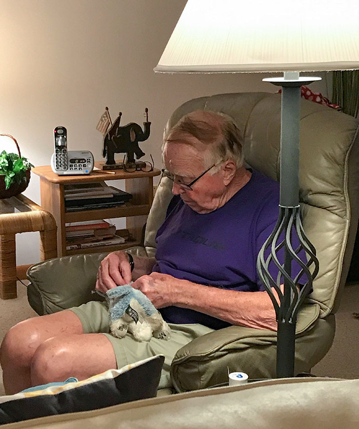 My 90-Year-Old Grandpa Is Sewing The Holes My Dog Made In Her Favorite Toy