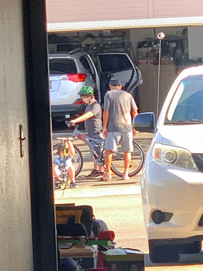 My Neighbor (Active Mountain Bike Rider), Has Spent The Last 30 Min Out Front Teaching My Son About His New Mountain Bike, The Pieces Of It And How To Use The Gears Correctly