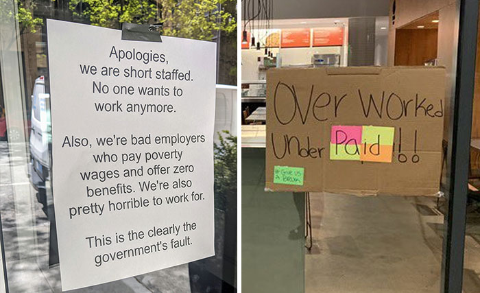 Workers Make Truthful Signs About Why Employers Are Facing Staff Shortages