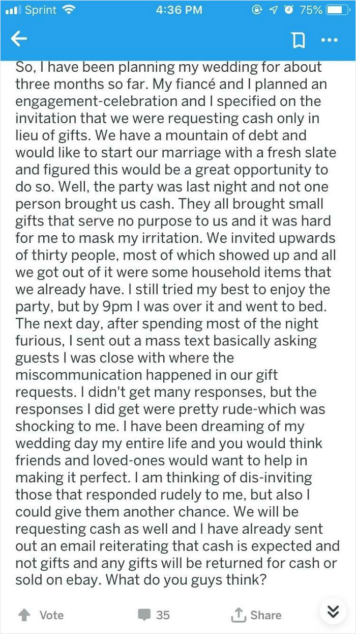 Bride Upset That Nobody Gave Her Cash At Her Engagement Party