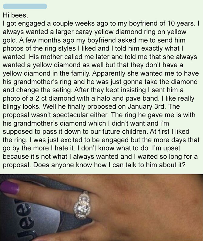 Cb Bride To Be Complaining That Her Fiance Proposed To Her With His Grandmother's Diamond Instead Of The 'Blingy Ring' She 'Always Wanted'