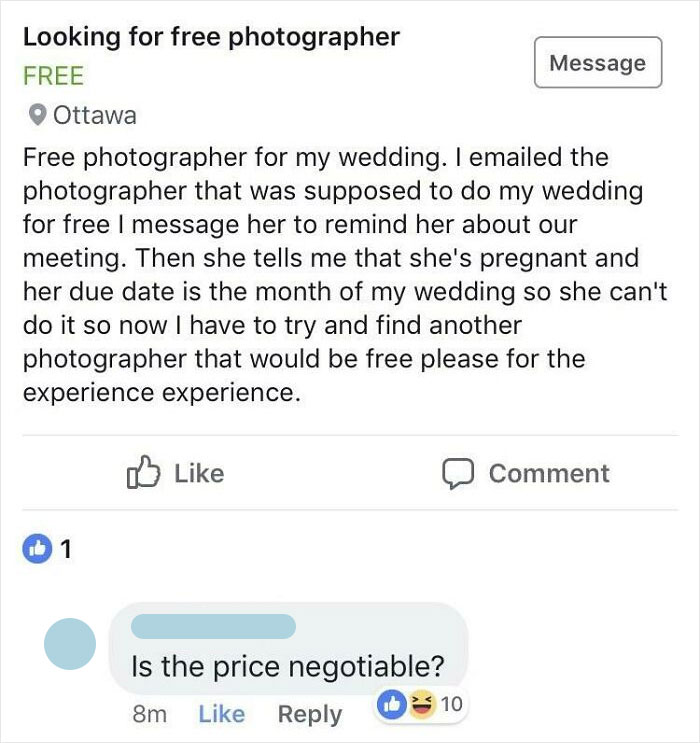 Yeah Because Photographers Who Would Normally Charge $2000 Or More Are Just Waiting Around Bored And Willing To Do Your Wedding For Free