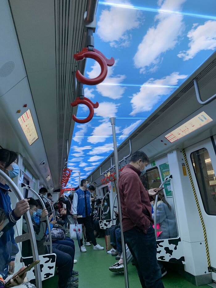This Subway Train Has Clouds On The Ceiling To Look Like The Sky