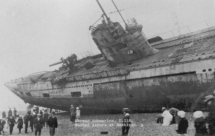German Submarine U-118 Washed Ashore On The Beach At Hastings, 1919