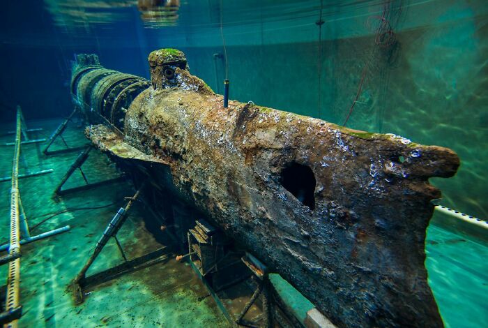 The Civil War Era Confederate State Submarine "H.l. Hunley" Built In 1864 And Sank Later That Year Which Currently Rests In The Warren Lasch Conservation Center In Charleston, Sc