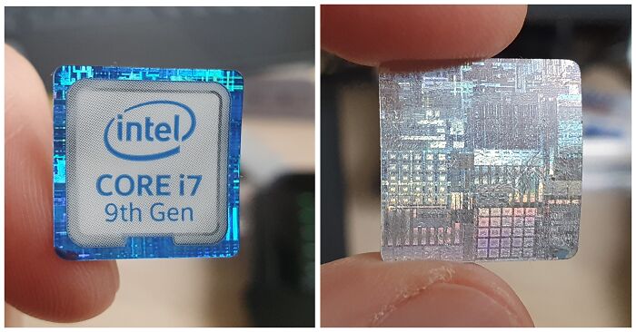 En la parte posterior de esta pegatina de Intel se puede ver la arquitectura del procesador