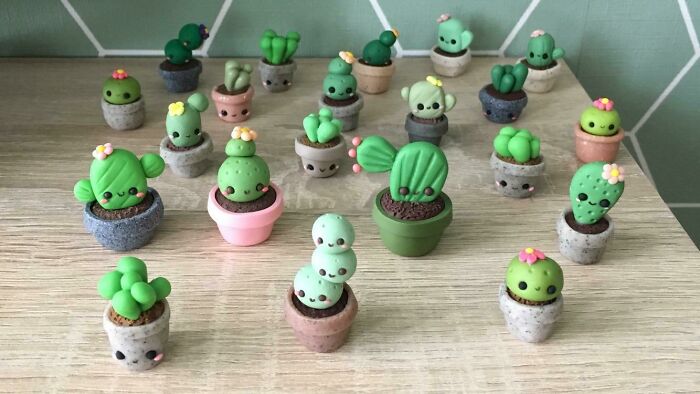 I Recently Started A New Hobby, Polymer Clay. I Made A Whole Lot Of Tiny Plants And Cactuses To Practice 🌵