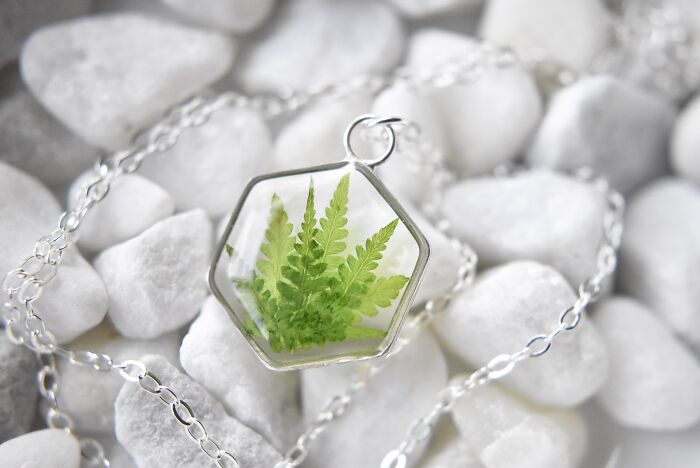 These Are Some Ferns From My Garden! If You Dry Them Just After They Unfurl, They Stay Super Bright. They're Cast In Resin With Sterling Silver