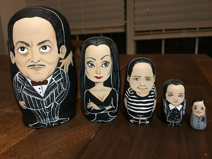 My Brother-In-Law Is Planning To Propose To His GF And Commissioned My Wife To Paint These Addam’s Family Nesting Dolls In Which To Hide The Ring