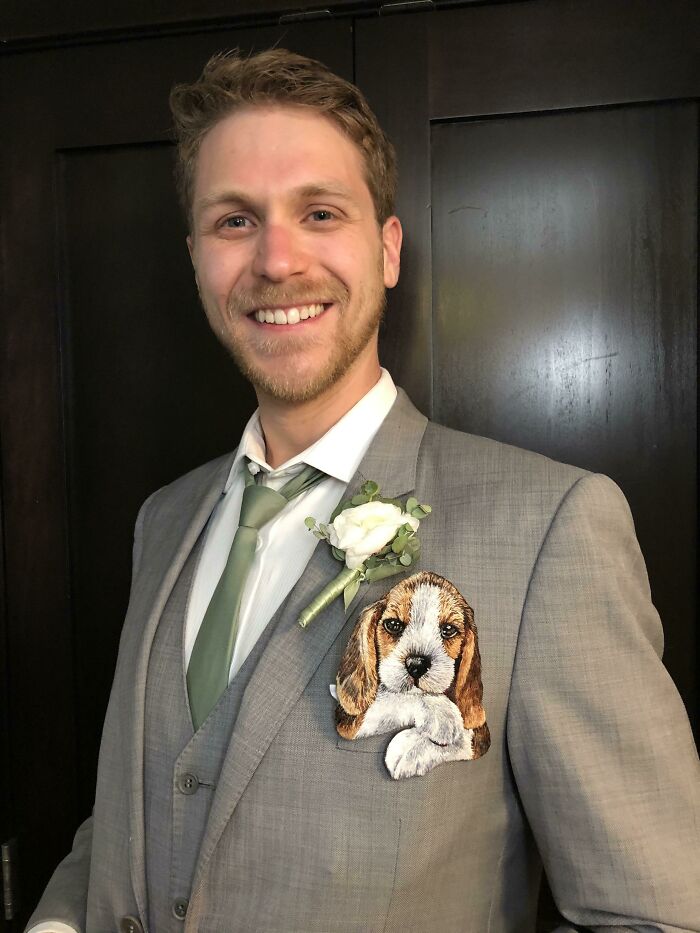 Yesterday My Little Brother Got Married And, Given The Times, It Wasn’t Your Typical Wedding. So I Made Him An Atypical Accessory: An Embroidered Pocket Beagle. He Loved It!