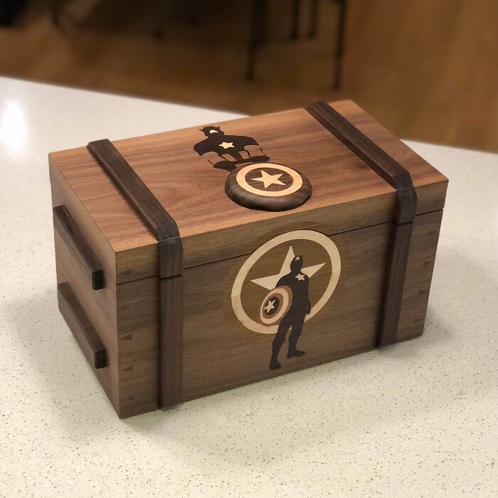 My Soon-To-Be 4 Year Old Asked For A ‘Captain America Box’ For His Birthday; Here’s What He’s Getting. Walnut With Maple, Sapele, Teak And Indian Rosewood