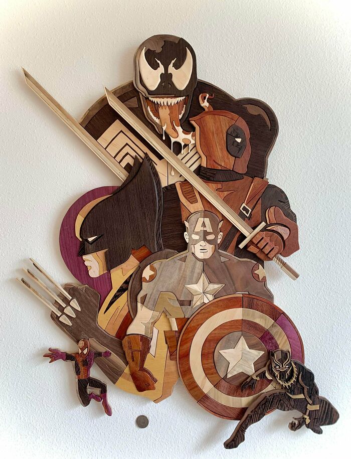 Marvel Mayhem. Made From Different Woods. All Natural-No Stains Or Dyes. Collaboration With Tom Whalen. 3’x2’