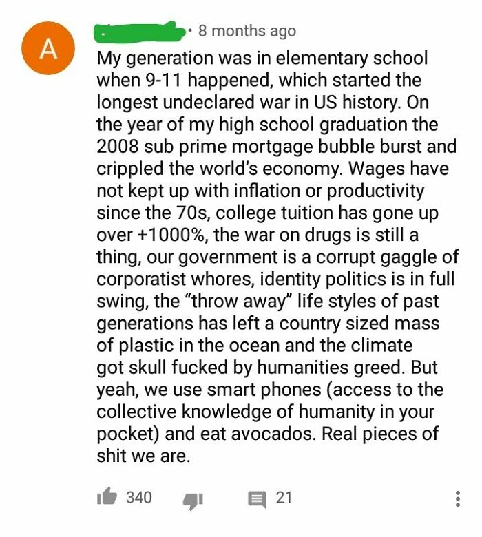 Comment From A Youtube Video That Was Generalising Millenials As Instagram Addicts That Only Care About Instant Gratification