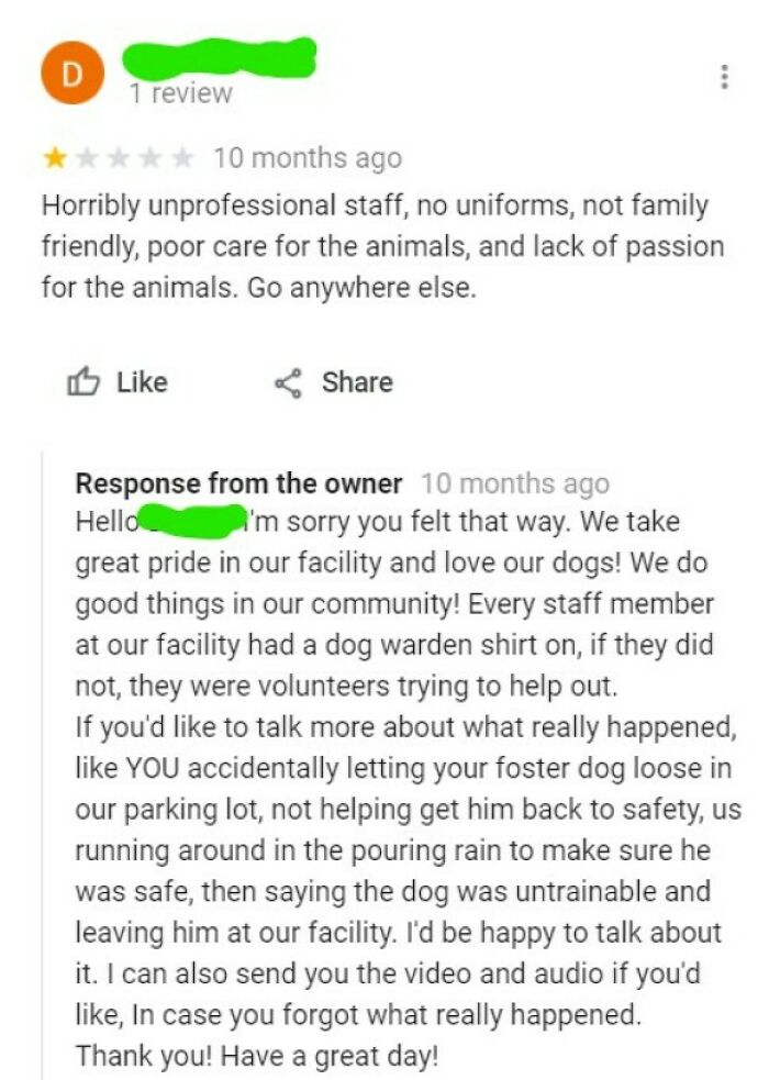 Local Dog Warden Gets A Fakely Horrible Review; Reviewer Gets Called Out On Their Bullshit