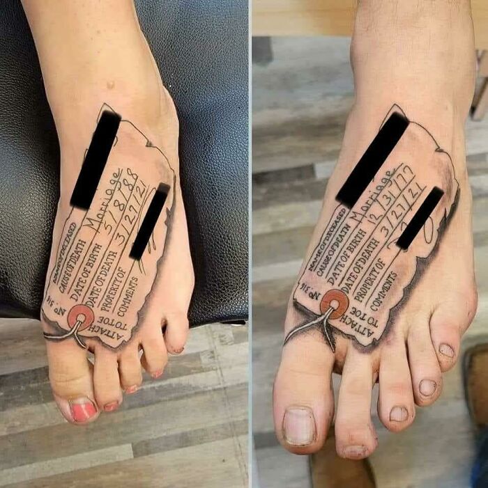 Nothing Screams Love Like Getting Matching Toe-Tag Tattoos To Commemorate Your Wedding!