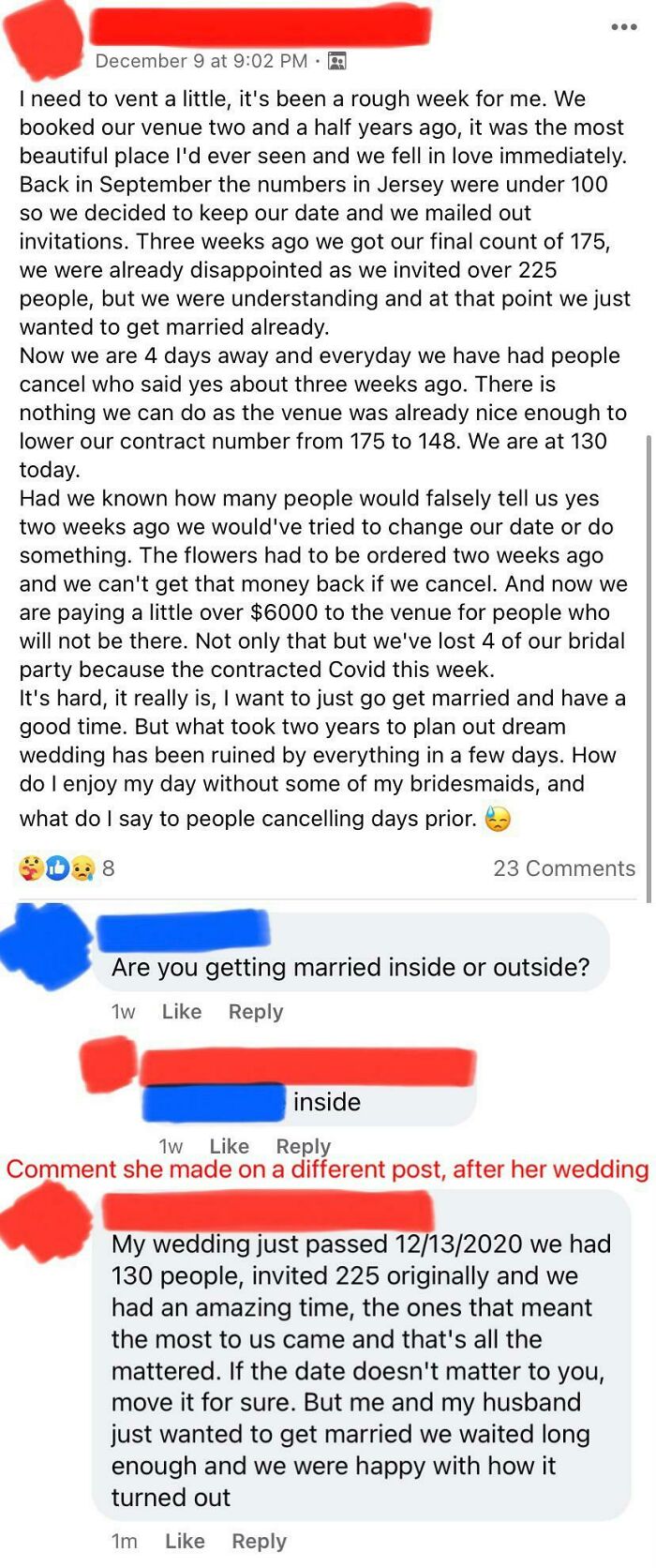 Bride Is Upset At Last Minute Cancellations For Her Indoor Wedding, Plus Four Of Her Bridal Party Contracted Covid The Week Of