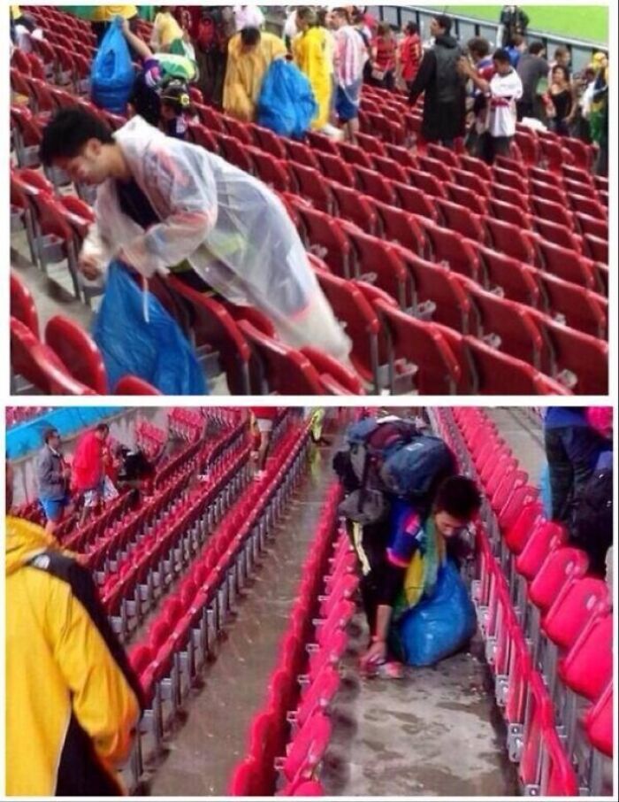 Los aficionados japoneses limpian sus secciones después de su partido contra Costa de Marfil. Mucho respeto