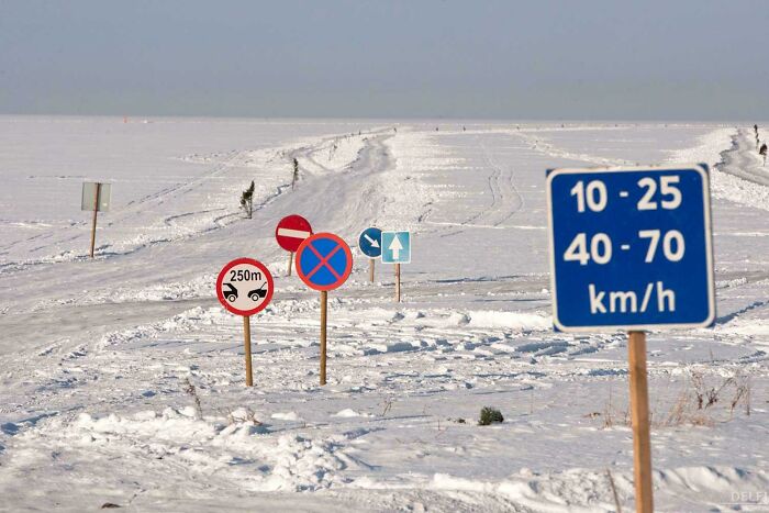Does This Count? Ice Road In Estonia. Speed Limit 10-25 Km/H And 40-70 Km/H. Advised To Avoid The Range Of 25-40 Km/H For Extended Periods Of Time Because Of Resonance. It's Also Illegal To Fasten Your Seat Belts