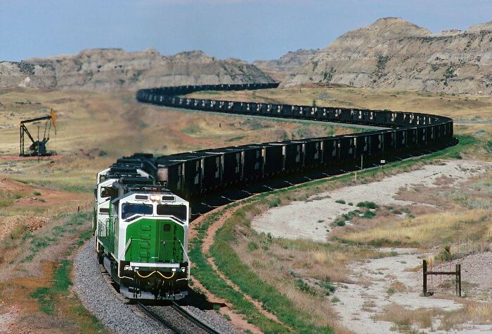 A Coal Train Swings Through The Curves At Sully Springs, North Dakota