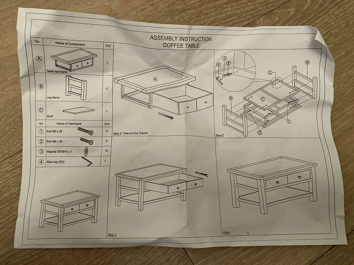Step 1: Remove Drawer. Step 2: Buildthecoffeetable. Step 3: Put Drawer Back In. Step 4: Table!