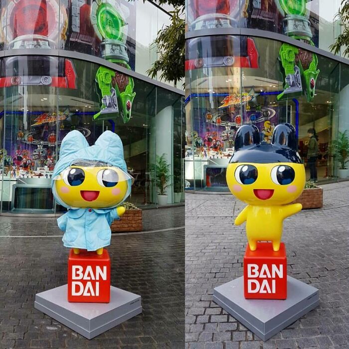 They Put A Raincoat On Mametchi Outside The Bandai HQ In Tokyo When It Rains