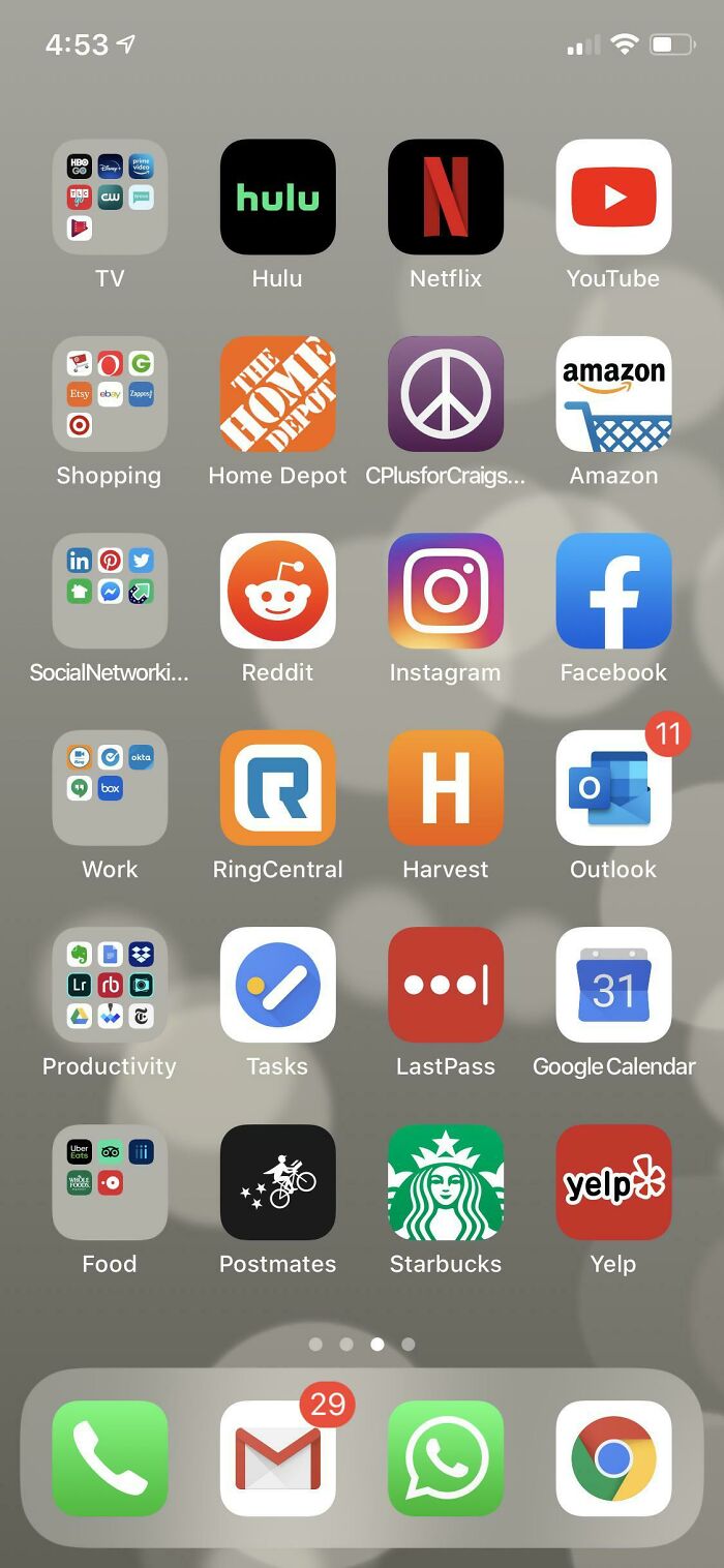 Recently Discovered My Favorite Way To Organize My Apps. Each Row Is A Category, With The Three Most Commonly Used Apps On The Right And Others In A Folder On The Left