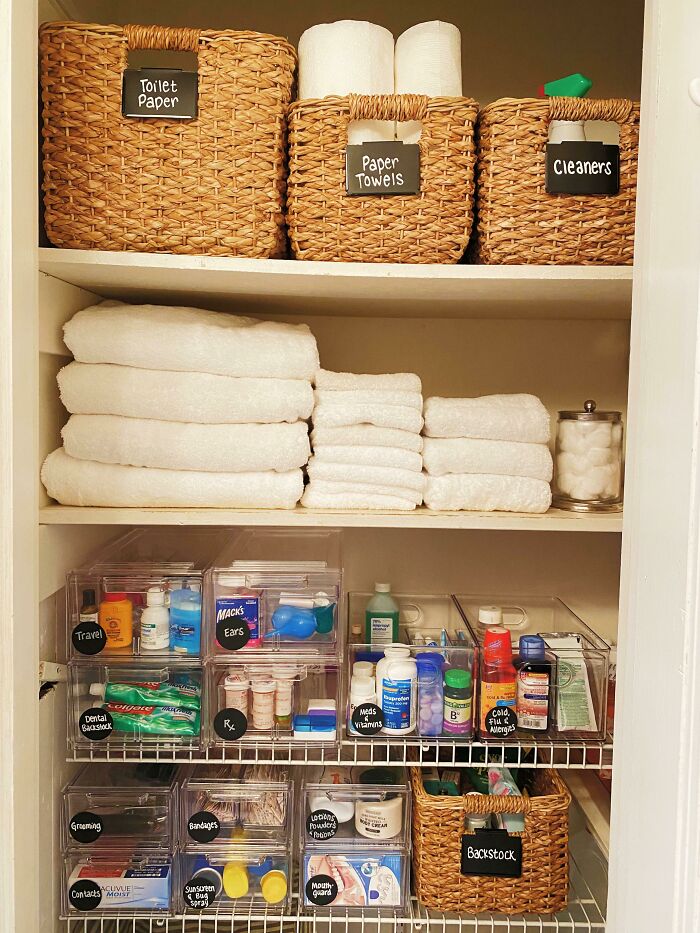 Doubled Up On Bathroom Closet Storage By Using Stackable Drawers