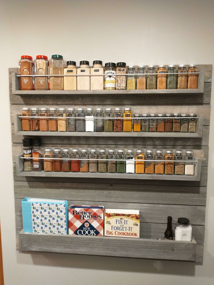 My Husband Built Me This Beautiful Wall To Hold All My Spices And Blends. Before, They Were In Various Containers In A Cupboard. It Brings Me Such Joy! No More Having To Take Everything Out Of The Cabinet To Get What I Need. For Anyone Wondering, It Cost About $100 To Build Not Including The Jars