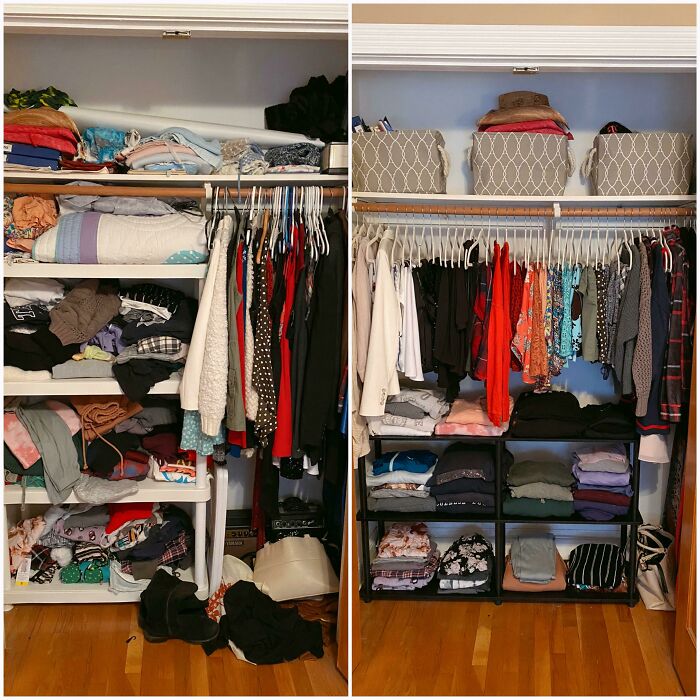 Before And After Of My Closet. Spent Under $50 On Amazon To Redo This So I Am Pretty Proud!