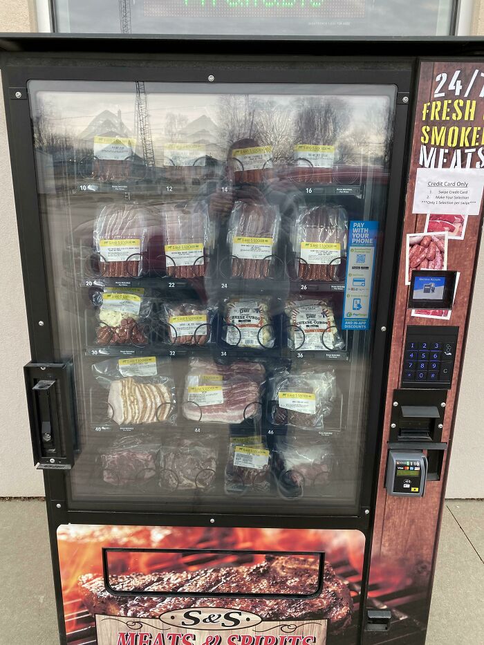 Vending Machine In A Small Iowa Town That Sells Steaks, Bacon, Meat Sticks Etc