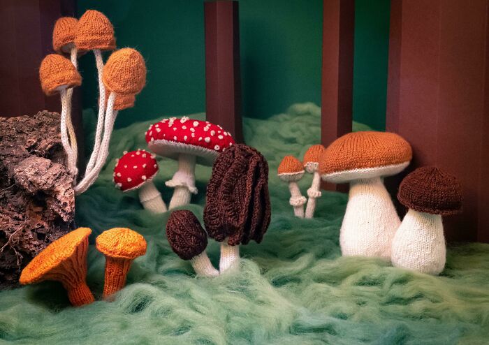 All The Mushrooms I Knit In The Past Year In One Picture
