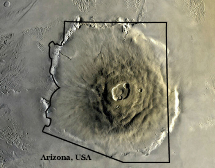 Olympus Mons Volcano On Mars Compared To The State Of Arizona: