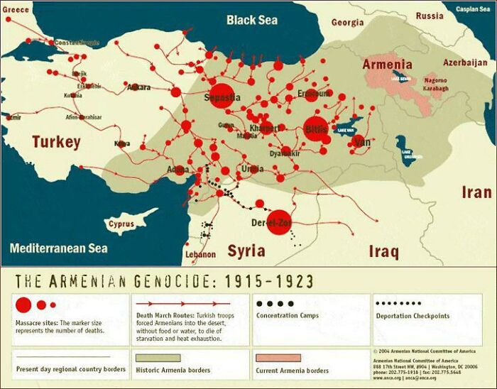 Map Of The Armenian Genocide. The Size Of The Red Circle Represents The Number Of People Killed