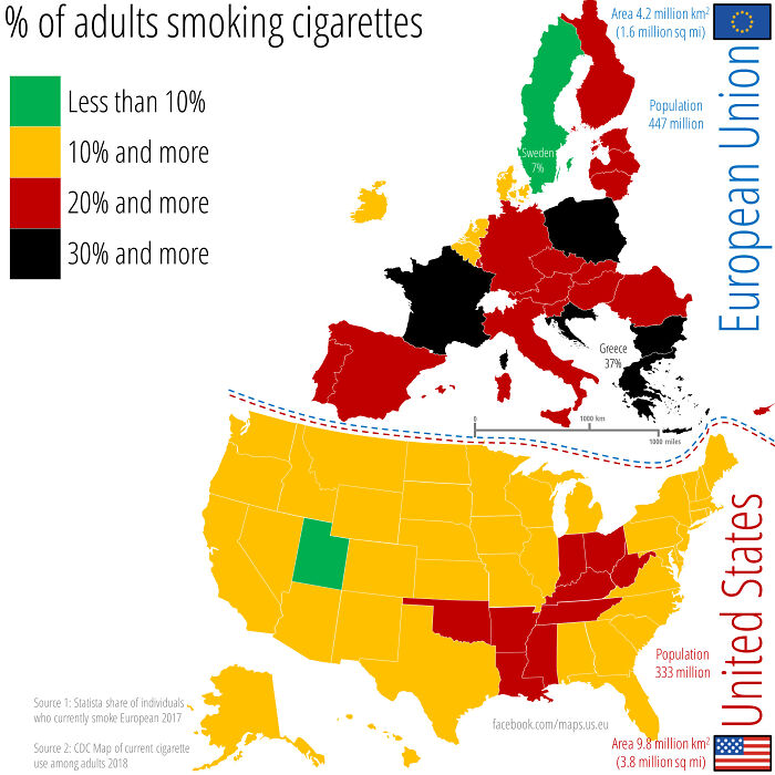 Percent Of Adults Smoking Cigarettes Across The Us And The Eu. Data For 2017/2018