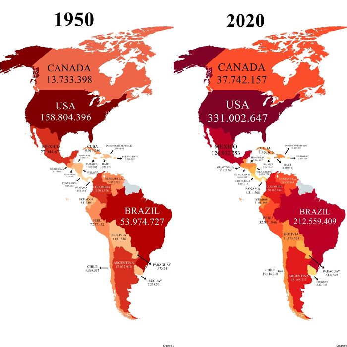 Population Of The Americas In 1950 vs. 2020