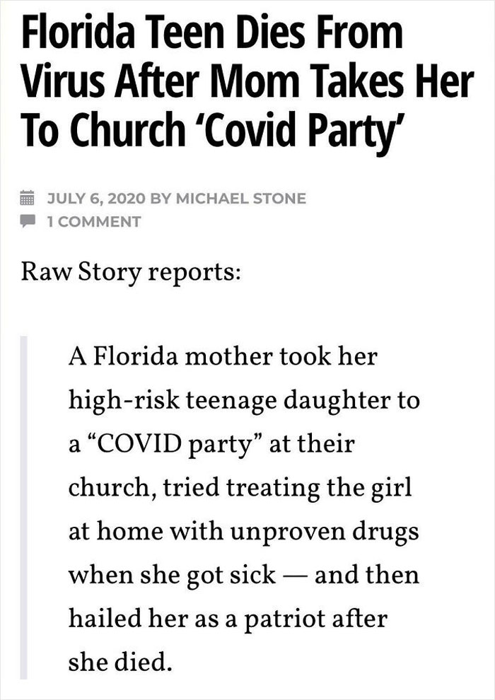 Florida Teen Dies From Covid-19 After Mom Takes Her To Church “Covid Party”