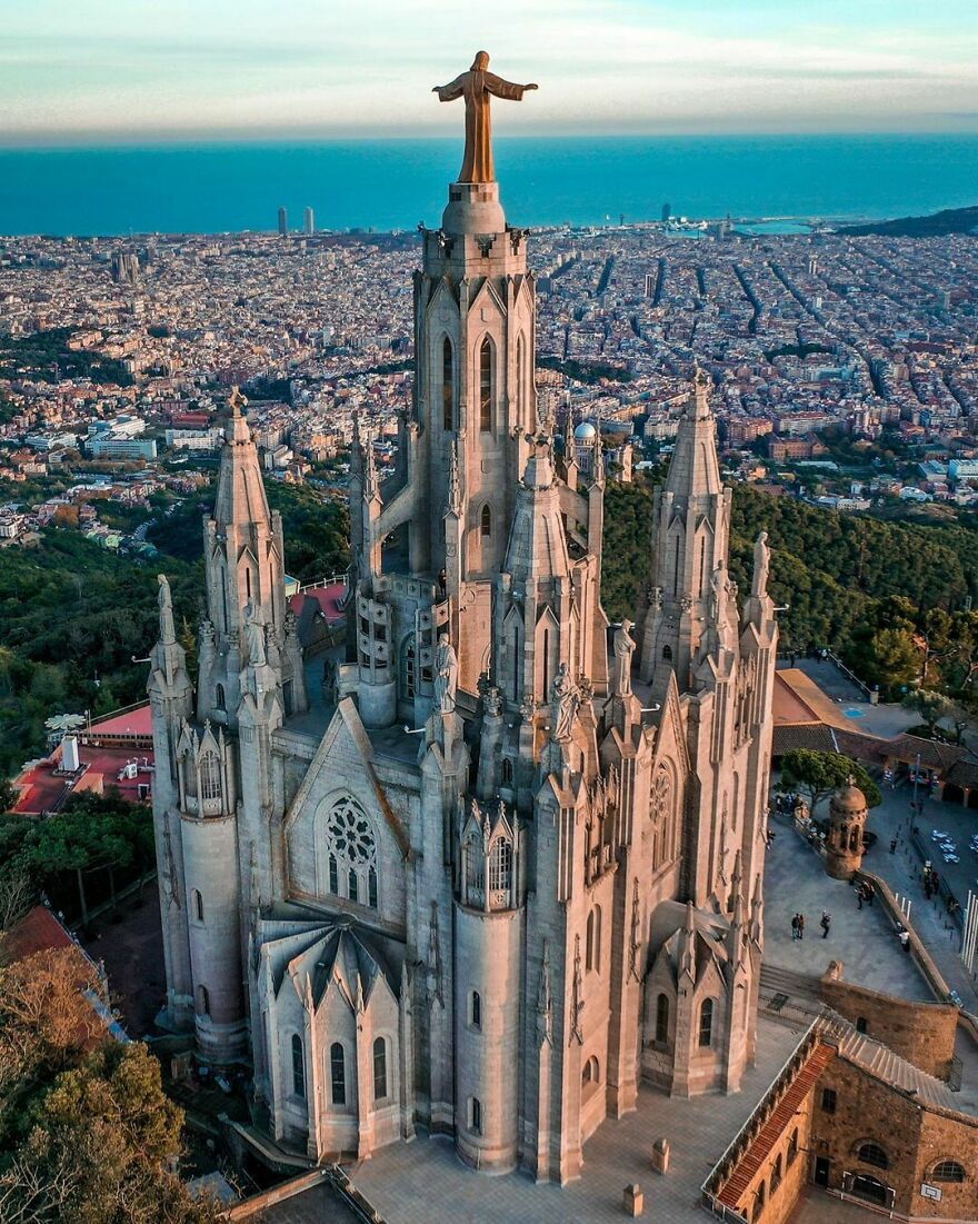 The Hill Tibidabo With The Temple Of The Sacred Heart Of Jesus Overlooking Barcelona, Catalonia, Spain