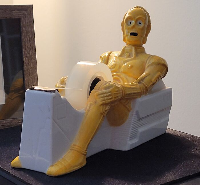 C-3po Looking Pretty Excited About Dispensing Tape. I've Had It On My Desk For Decades, Even Though It Doesn't Work. I Have To Use Scissors To Cut Off A Piece Of Tape