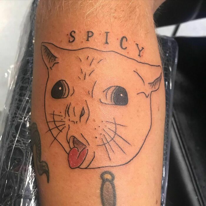 Y Is It Spicy?!
i Was Given The Absolute Honor To Put The Coughing Cat Meme On My Big Brother.
he Is My Most Bestest Creation.
.
.
.
#memetattoo #memes #coughingcatmeme #coughingcat #finelinetattoo #spicy #spicymemes #familymatters