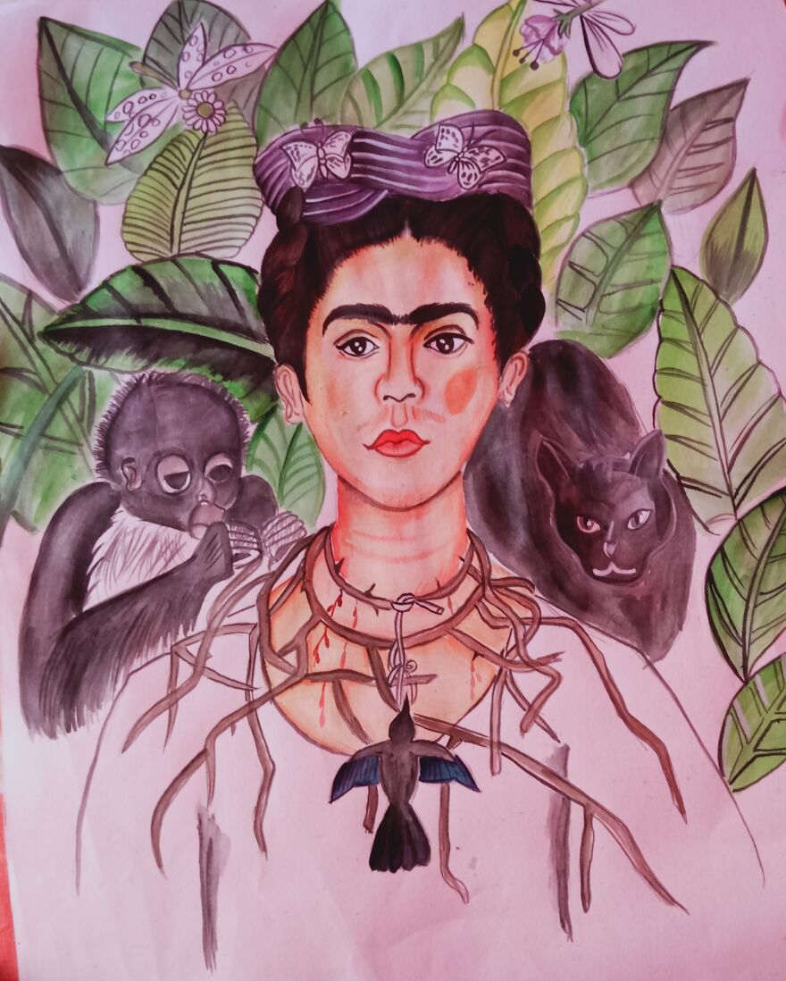 After Spending 32 Hours I Recreated Frida Kahlo's Self Portrait With Thorn Necklace