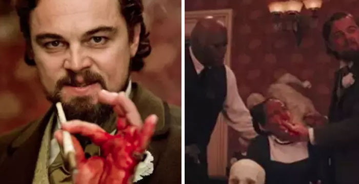 In Django Unchained, Leo Dicaprio Accidentally Cut His Hand Open But Kept Acting. Between Takes, They Cleaned It Up And Replaced The Real Blood With Fake Blood, Which He Smeared All Over Kerry Washington's Face